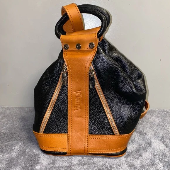 Valentina Italy Black & Tan Pebbled Leather Convertible Sling Backpack Valentina Pebbled Leather Convertible Backpack Sling Bag  main image 3